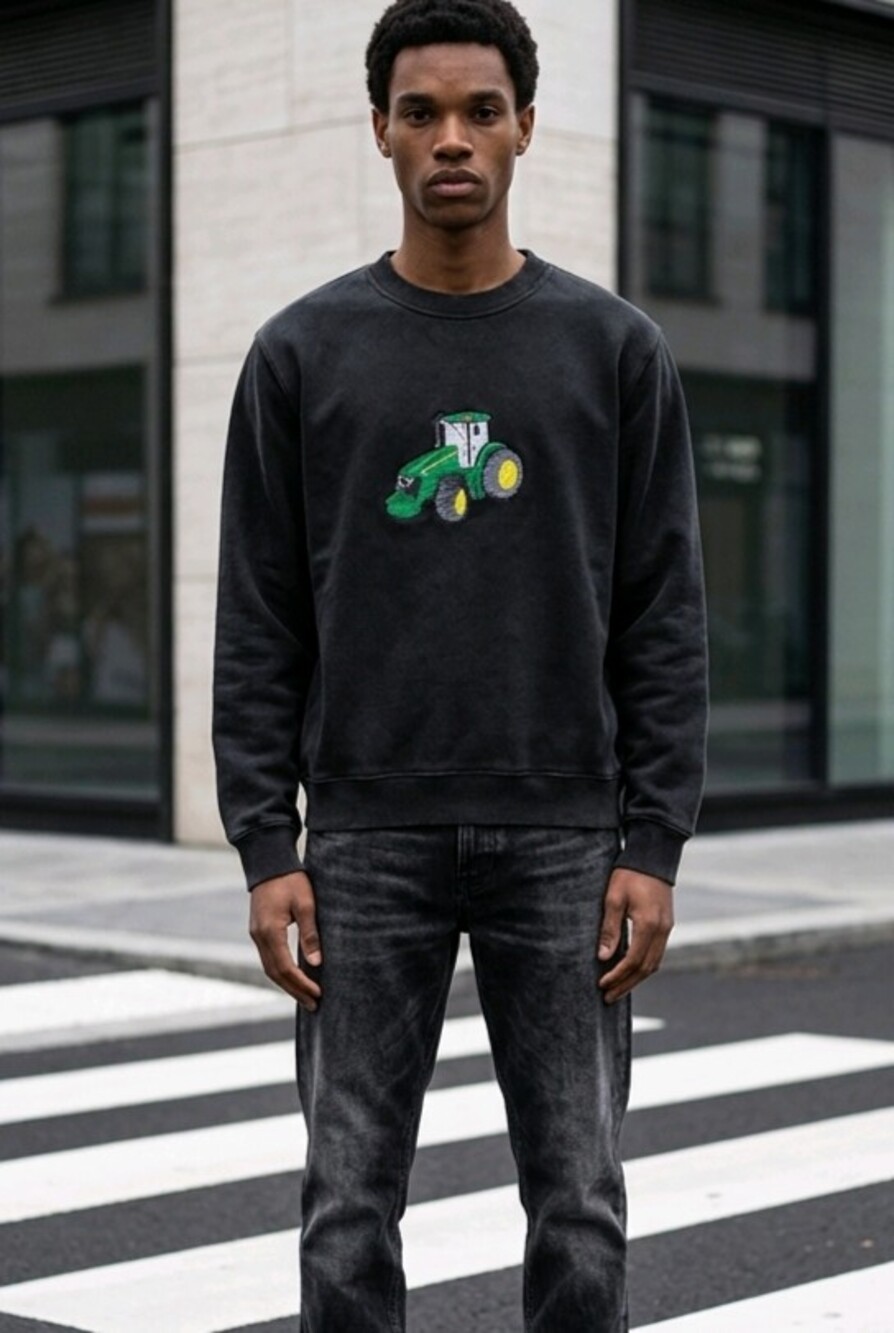 B&C Collection Black Embroidered Tractor Crewneck Sweatshirt | Unisex Small